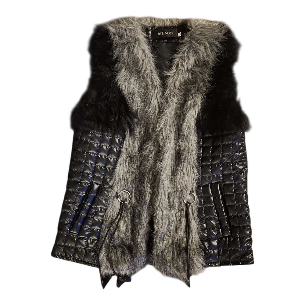 WENXI Black Faux Leather Vest Quilted Gray Faux Fur Cropped Women's Size L 80s